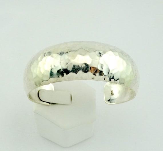 Wide Hand Hammered Solid Sterling Silver Cuff Bra… - image 1