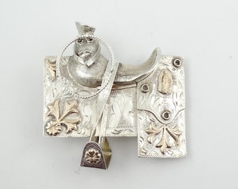 Back In The Saddle Again! Ornate Vintage 10K Gold and Sterling Silver Show Saddle Belt Buckle #SADDLE-BK3