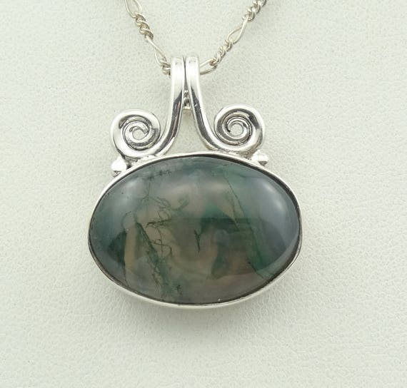 Beautiful Vintage Green Moss Agate Cabochon In A … - image 1