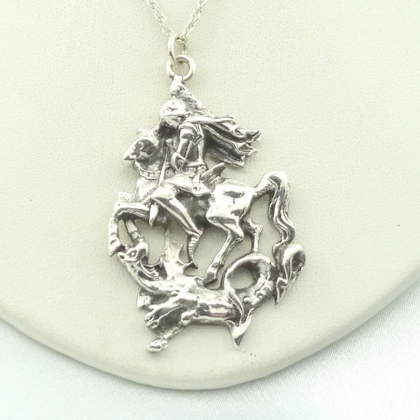 Saint George and the Dragon Solid Sterling Pendant FREE SHIPPING! 18" Sterling Silver Chain Included!  #DRAGON-SPC17