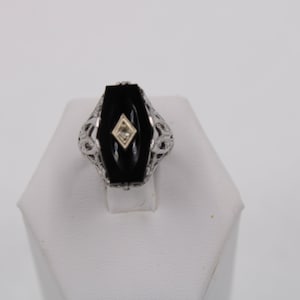 Exquisite Art Deco Onyx and Diamond 1930&#39;s Era 14K White Gold Ring Size 4 1/2 FREE SHIPPING! #ONX14-GR5