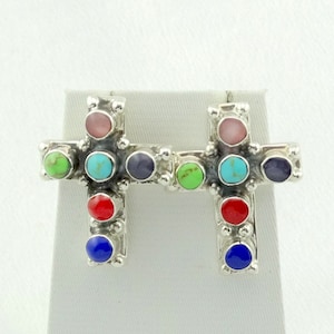 Beautiful Vintage Multi-Color Stone and Sterling Silver Cross Push Back Earrings FREE SHIPPING #MULTI-ERG18