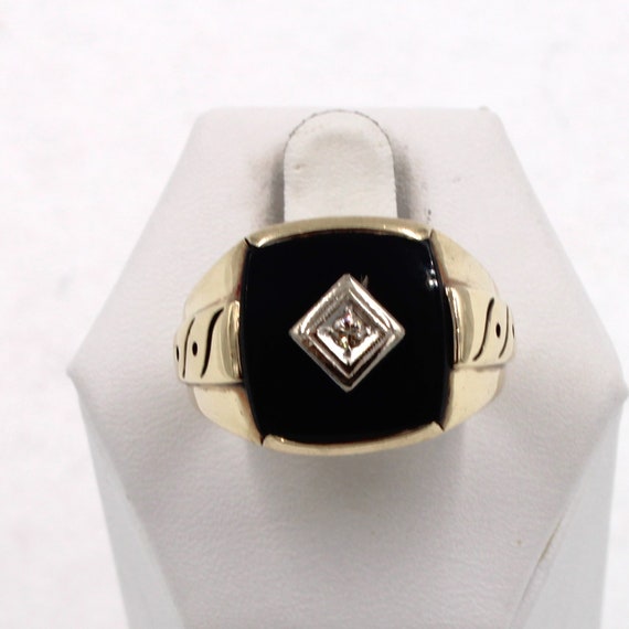 Vintage Retro Style 10K Yellow Gold Onyx and Diam… - image 2