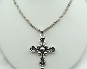 Unusual Large Sterling Silver Cross Pendant On A 16 Inch Sterling Silver Nugget Style Beaded Chain  FREE SHIPPING! #NUGGETC-BN1
