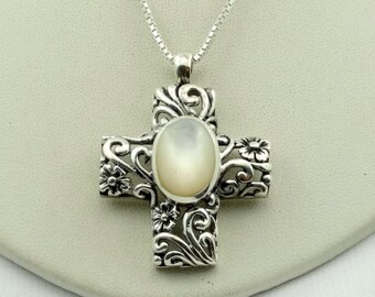 Lovely Mother-of-Pearl Sterling Silver Cross Pendant 16 Inch Sterling Silver Chain Included FREE SHIPPING! #MOP-XP4