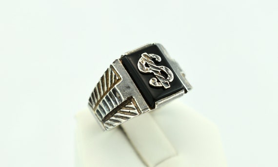 Vintage Sterling Silver and Onyx Dollar Sign Desi… - image 2