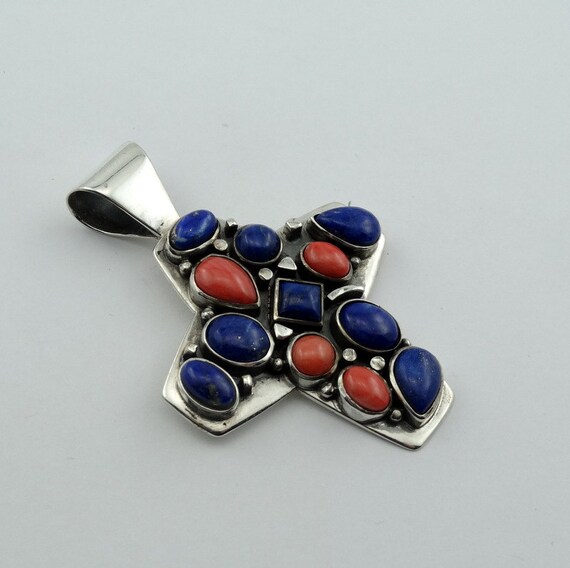 Unusual Abstract Lapis and Coral Sterling Silver … - image 3
