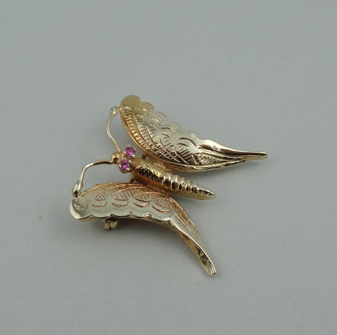 Vintage Butterfly Pin in 14K Yellow Gold and Rubies FREE Etsy