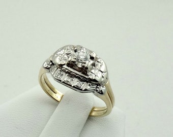 vintage 1940's Diamond 14K White and Yellow Gold Engagement Set Taille 7 3/4 LIVRAISON GRATUITE! #1940-WS