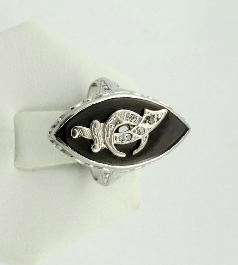 Stunning Vintage Onyx and Diamond Lady Shriner Mason 18K White Gold Filigree Pinky Ring Size 2 1/2 FREE SHIPPING LSHRINE-MASR1 image 8