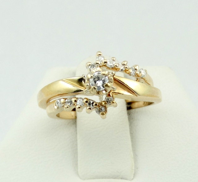 Lovely Vintage 14K Gold and Diamond Wedding Set Engagement Ring and Fitted Wedding Band Size 4 3/4 FREE SHIPPING! #12-WS