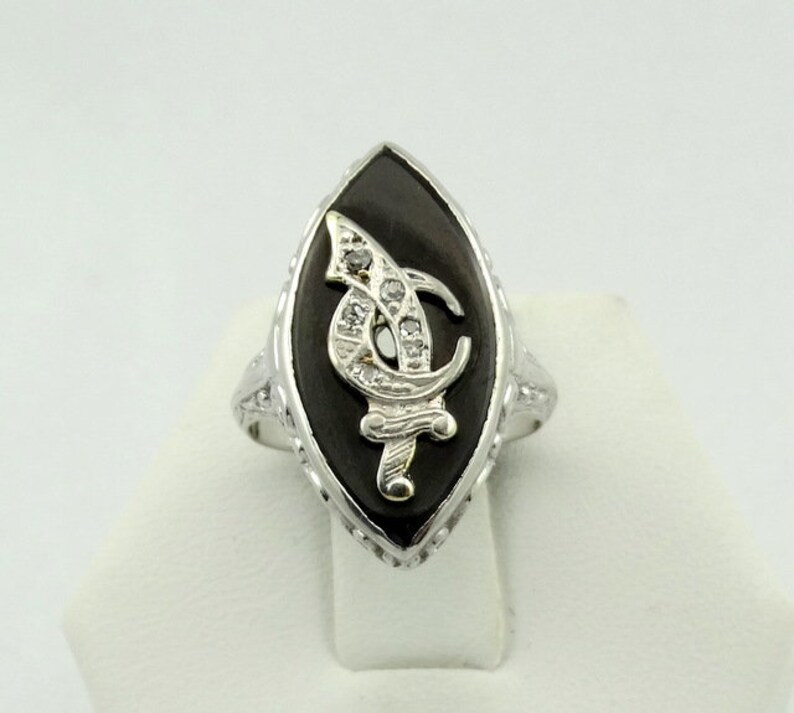 Stunning Vintage Onyx and Diamond Lady Shriner Mason 18K White Gold Filigree Pinky Ring Size 2 1/2 FREE SHIPPING LSHRINE-MASR1 image 3