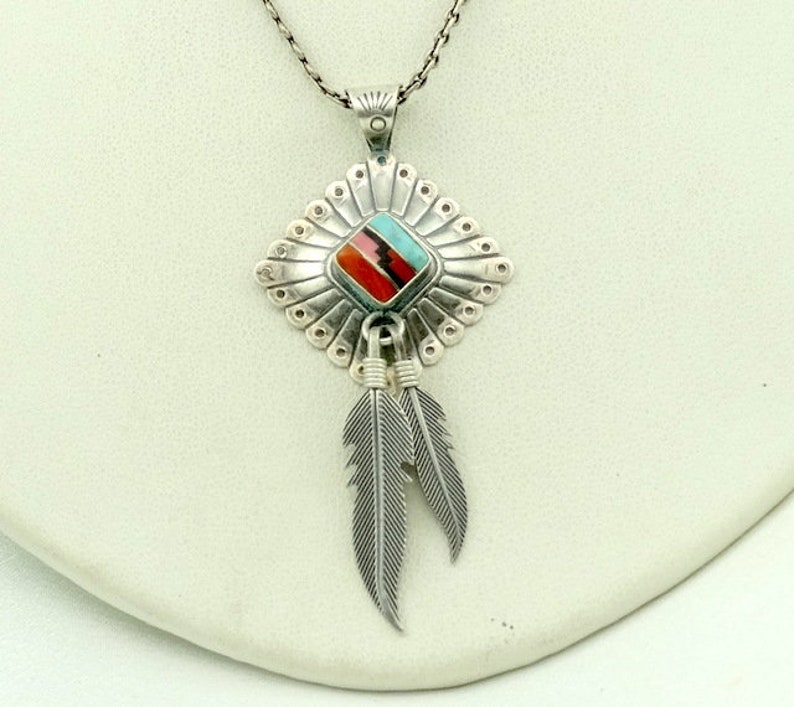 Quoc Turquoise Company Native American Sterling Silver Inlay Pendant FREE SHIPPING #QT-SPC2 Q.T 18 Sterling Silver Chain Included