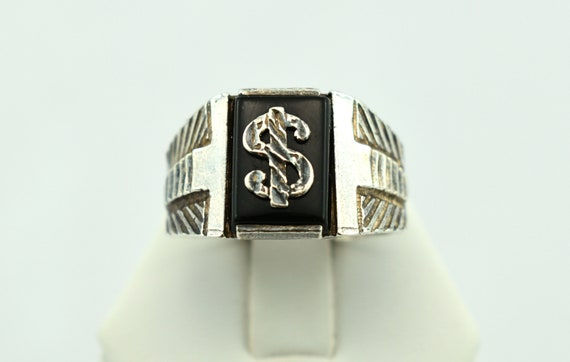 Vintage Sterling Silver and Onyx Dollar Sign Desi… - image 1