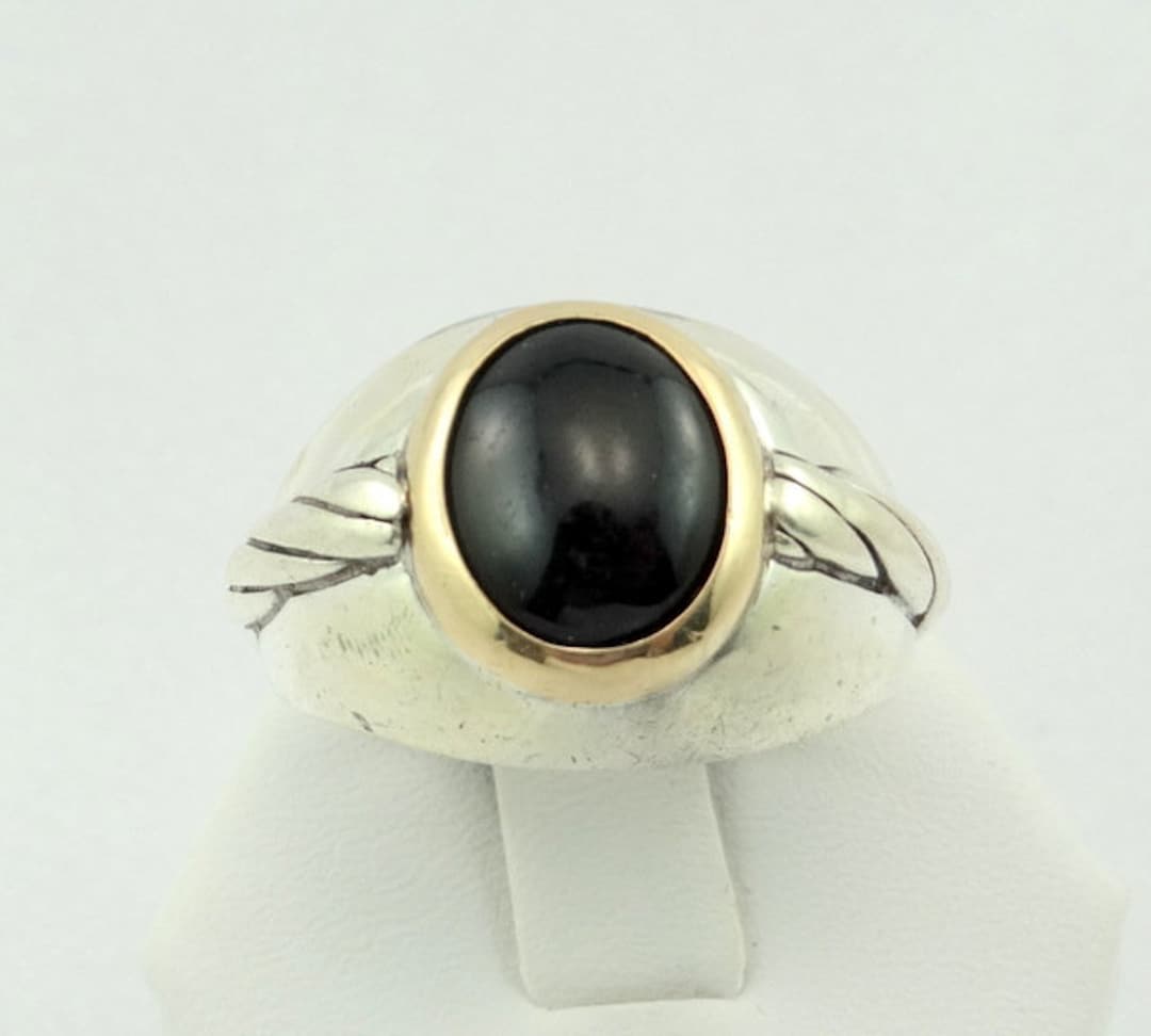 Vintage 14K Yellow Gold and Sterling Silver Ring With Onyx
