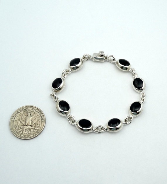 Vintage Sterling Silver Black Onyx Link Bracelet … - image 2