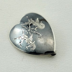 Vintage Early 1900&#39;s Era Siam (Thailand) Dancers Sterling Silver And Enamel Heart Shaped Brooch FREE SHIPPING! #THEART-BR7