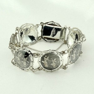 Antique Siam Thai Dancers Sterling Silver And Black Enamel Link Bracelet FREE SHIPPING! #SIAM-LB5