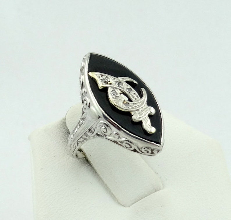 Stunning Vintage Onyx and Diamond Lady Shriner Mason 18K White Gold Filigree Pinky Ring Size 2 1/2 FREE SHIPPING LSHRINE-MASR1 image 4