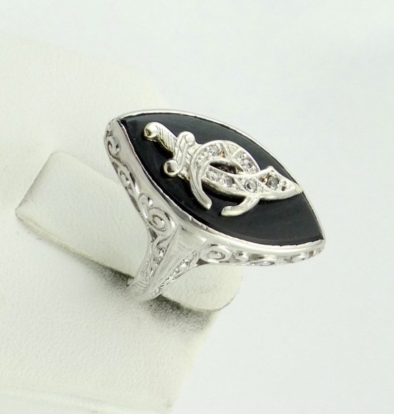 Stunning Vintage Onyx and Diamond Lady Shriner Mason 18K White Gold Filigree Pinky Ring Size 2 1/2 FREE SHIPPING LSHRINE-MASR1 image 2