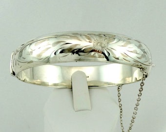 Gorgeous Hand Engraved Sterling Silver Hinged Hollow Bangle Bracelet with Safety Chain FREE SHIPPING! #B-BB4