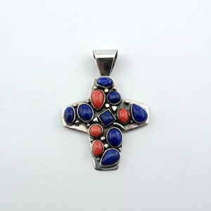 Unusual Abstract Lapis and Coral Sterling Silver Cross Pendant FREE SHIPPING1  #ABSTRACT-XP1