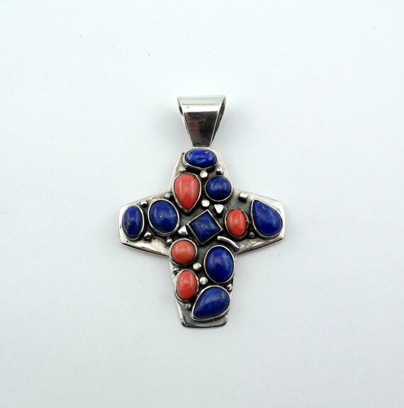 Unusual Abstract Lapis and Coral Sterling Silver … - image 1