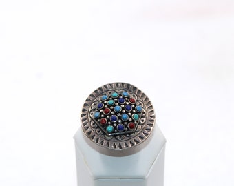 Unique Large Vintage Turquoise, Coral, Lapis, and Sodalite Sterling Silver Ring Size 6 FREE SHIPPING! #19SHIELD-SR5