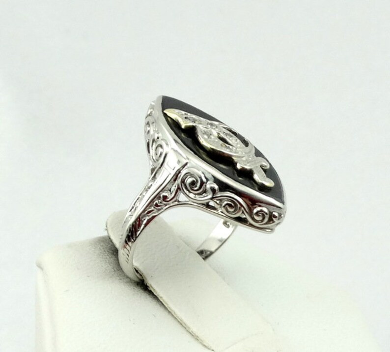 Stunning Vintage Onyx and Diamond Lady Shriner Mason 18K White Gold Filigree Pinky Ring Size 2 1/2 FREE SHIPPING LSHRINE-MASR1 image 5