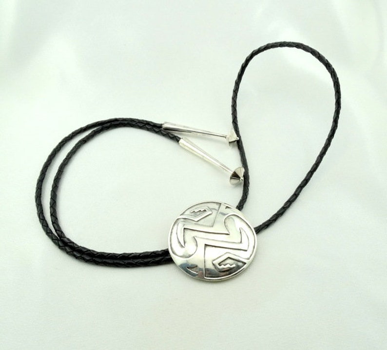 #NAD-ELP1 Native American Design Sterling Silver and Braided Leather Bolo Tie FREE SHIPPING