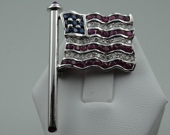 One-of-a-kind 18K Solid Gold American Flag Pin with fine Diamonds, Rubies and Sapphires  FREE SHIPPING!  #18KFLAG-BR2