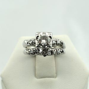 Beautiful Vintage 1950&#39;s 14K White Gold and Diamond Matching Engagement Ring and Wedding Band Set Size 6 FREE SHIPPING!  #15DIAST-WS