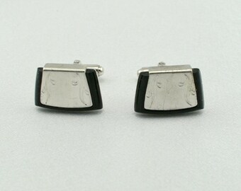 Handsome Anson Black Onyx and Engraved Sterling Silver Vintage Cufflinks FREE SHIPPING  #ANSON-CL1