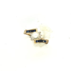 Unusual Vintage Pearl, Sapphire and Diamonds in a 14K Yellow Gold Ring Size 7 3/4 FREE SHIPPING! #PDS-GR9