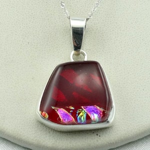 Beautiful Abstract Hand Made Red Dichroic Glass and Sterling Silver Pendant FREE SHIPPING! 16&quot; Sterling Silver Chain Included! #RED-SPC5