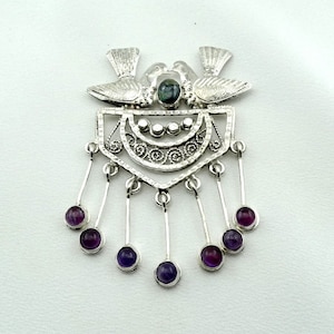 Lovebirds Amethyst and Chrysocolla Cabochons Sterling Silver Vintage Brooch FREE SHIPPING! #LVBRDS-BR7