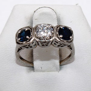 Stunning Vintage 18K White Gold Antique Original Filigree Ring with Sapphires and Diamond Size 5 3/4 FREE SHIPPING #SDS18K-GR8