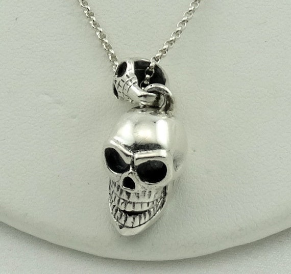 Creepy Vintage Skull Sterling Silver Pendant 20" … - image 1