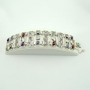 Vintage Heavy Multi-Colored Stone And Swirl Sterling Silver Link Bracelet With Hook Clasp FREE SHIPPING! #MULTI5-LB4