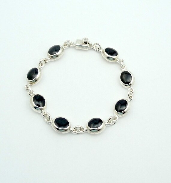 Vintage Sterling Silver Black Onyx Link Bracelet … - image 1