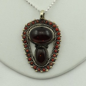 Tibetan Vintage Sterling Silver Amber and Coral Pendant FREE SHIPPING!  24&quot; Sterling Silver Chain Included! #TIBETAN-SPC14