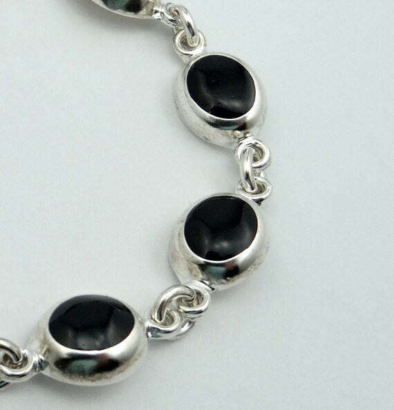 Vintage Sterling Silver Black Onyx Link Bracelet … - image 3