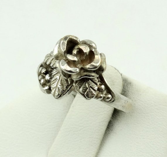 Vintage Hand Made Sterling Silver Rose with Leave… - image 1