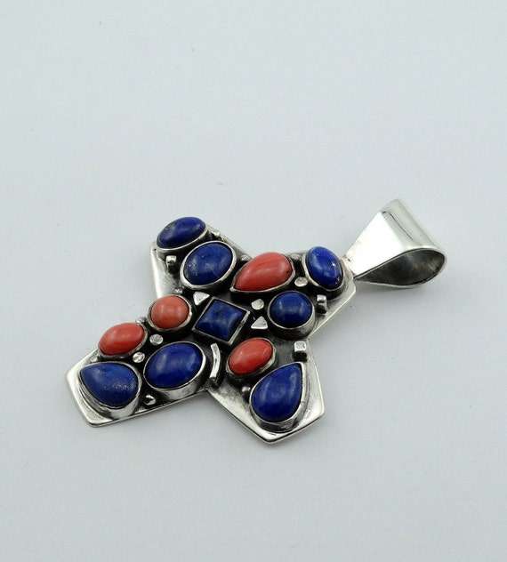 Unusual Abstract Lapis and Coral Sterling Silver … - image 2