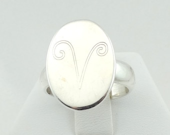 Hand Engraved 'V' Initial Vintage Sterling Silver Signet Ring Size 7 3/4 FREE SHIPPING! #V-SR