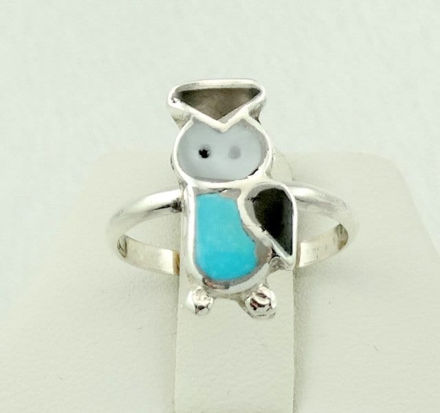 Vintage Owl Made With Turquoise, Mother of Pearl and Black Enamel Inlay Silver Ring FREE SHIPPING! #