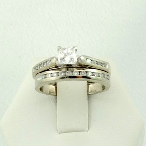 Stunning Princess Cut Center Diamond  14K White Gold Two Band Diamond Wedding Set Size 7 FREE SHIPPING! #PRN7-WS