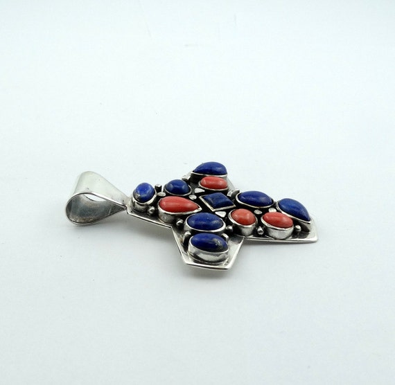 Unusual Abstract Lapis and Coral Sterling Silver … - image 4