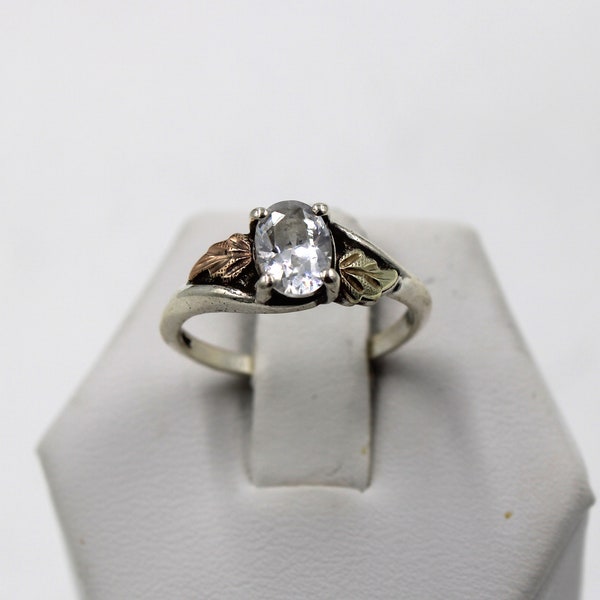 Unique Vintage Sterling Silver With 12K Gold Leaves And Cubic Zirconium Oval Center Ring FREE SHIPPING! Size 5 1/2 #12K925-SR15