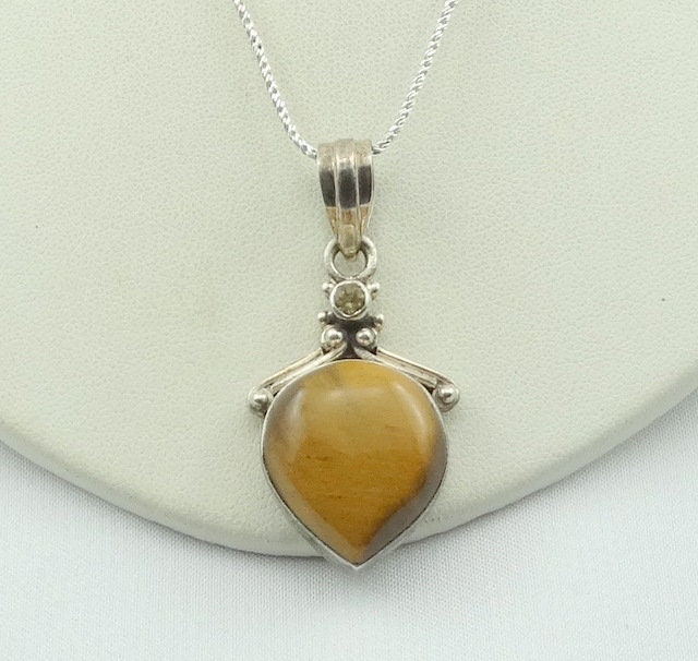 Beautiful Tiger's Eye and Citrine Sterling Silver Pendant FREE SHIPPING!  18" Sterling Silver Chain Included! #TIGERC-SPC1